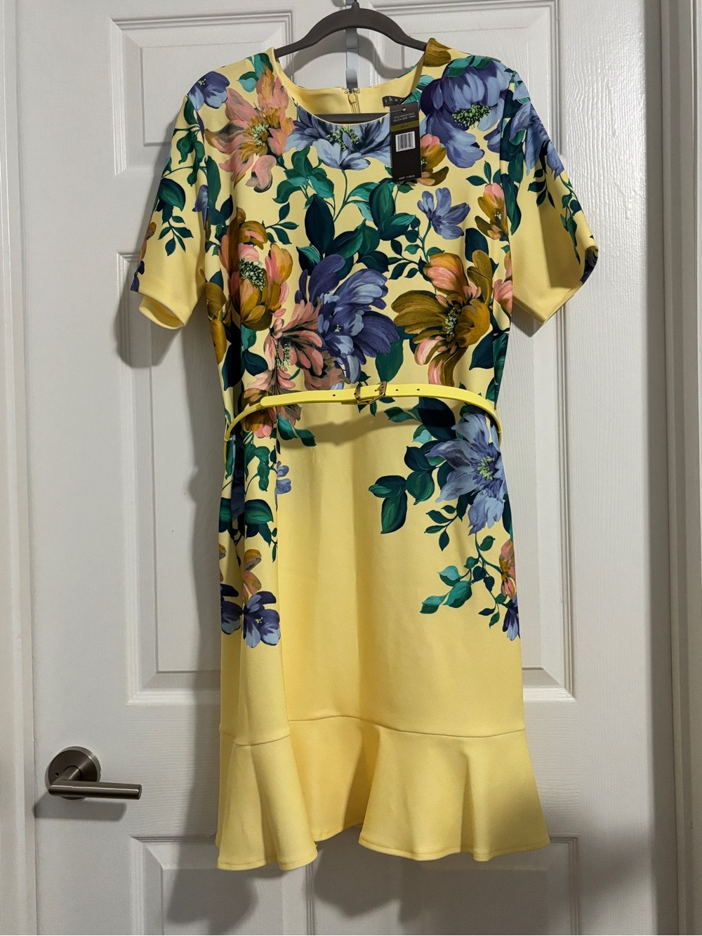 Sharagano Yellow Floral Belted Midi Dress 14 NWT Garden Party
